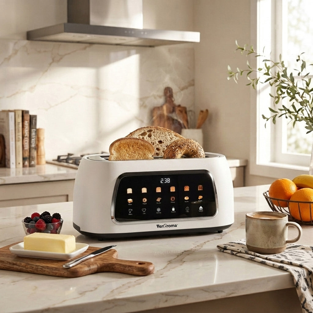 Smart Motorized Long-Slot Digital Color Touchscreen Toaster with Memory, 4-Slice, White