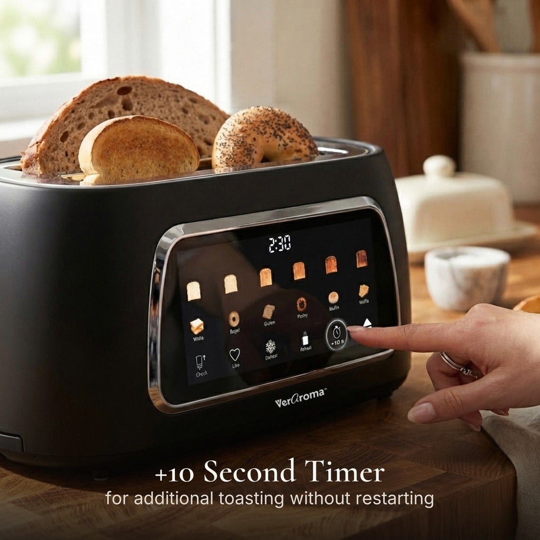 +10 Second Timer — Smart Motorized Long-Slot Digital Color Touchscreen Toaster with Memory, 4-Slice, Black