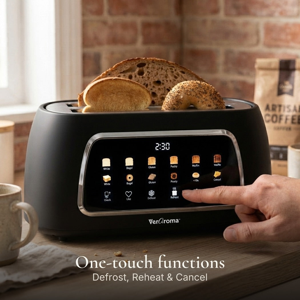 One-touch functions — Smart Motorized Long-Slot Digital Color Touchscreen Toaster with Memory, 4-Slice, Black