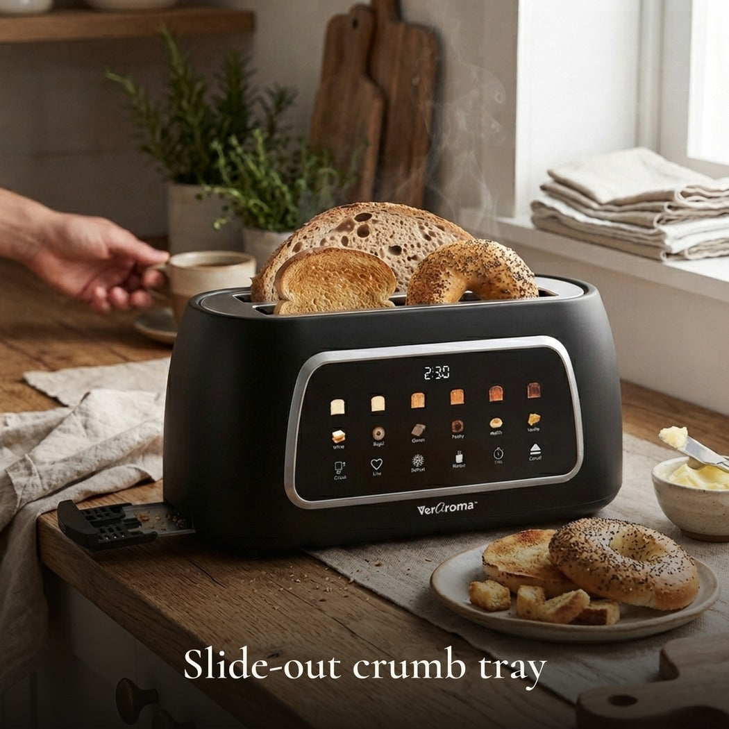 Slide-out crumb tray — Smart Motorized Long-Slot Digital Color Touchscreen Toaster with Memory, 4-Slice, Black