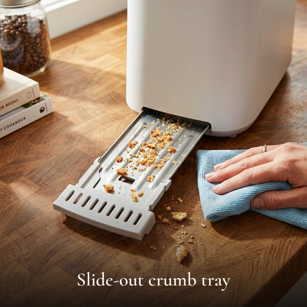Slide-out crumb tray — Slim Space-Saving Long-Slot 2-Slice Toaster, White (850W)