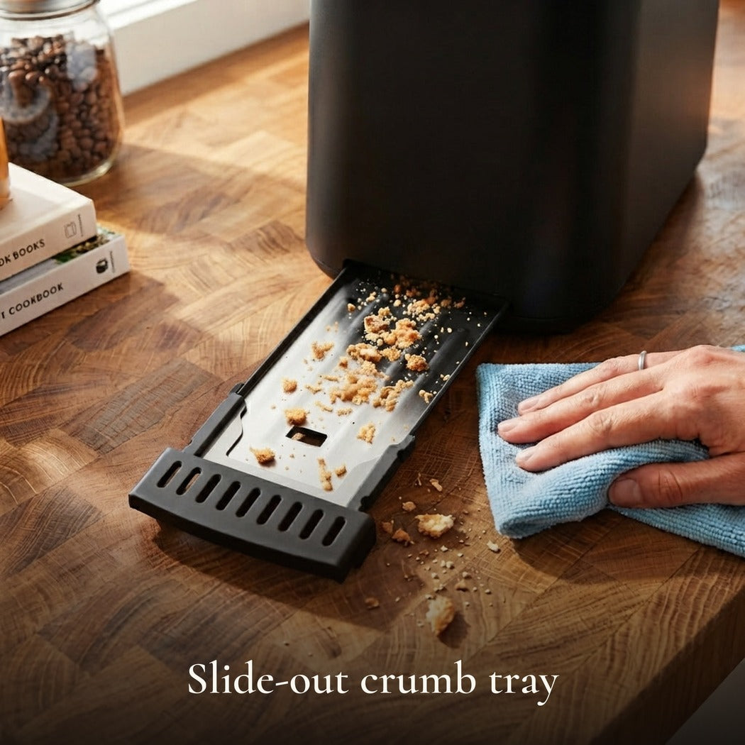 Slide-out crumb tray — Slim Space-Saving Long-Slot 2-Slice Toaster, Black (850W)