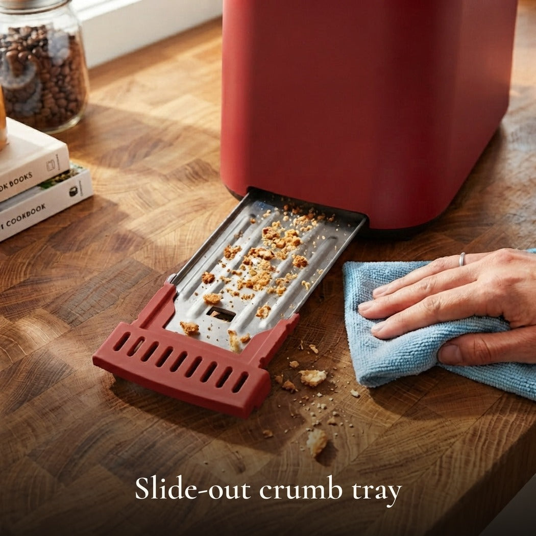 Slide-out crumb tray — Slim Space-Saving Long-Slot 2-Slice Toaster, Red (850W)