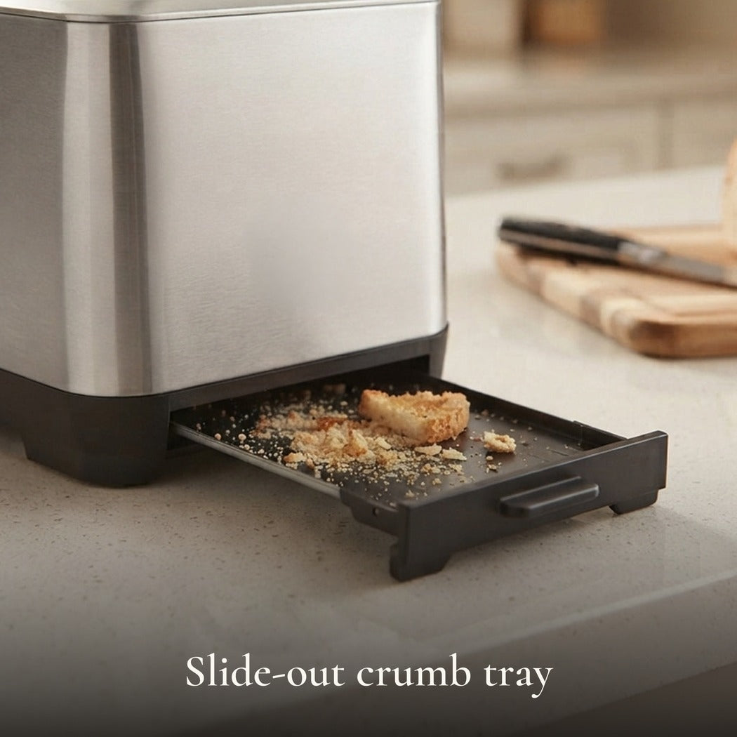Slide-out crumb tray — Slim Space-Saving Stainless Steel Long-Slot 2-Slice Toaster