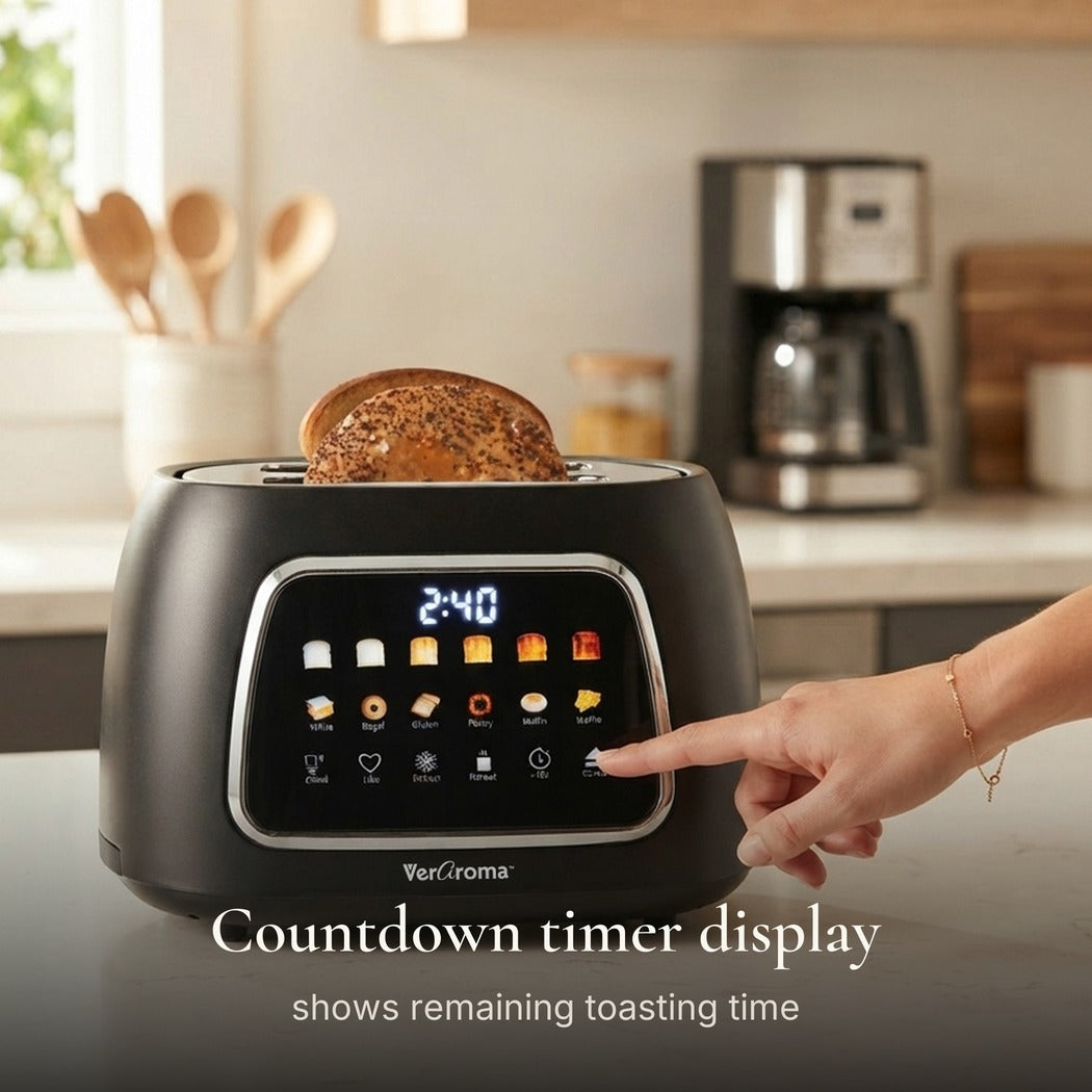 Countdown timer display — Smart Motorized Wide-Slot Digital Color Touchscreen Toaster with Memory, 2-Slice, Black