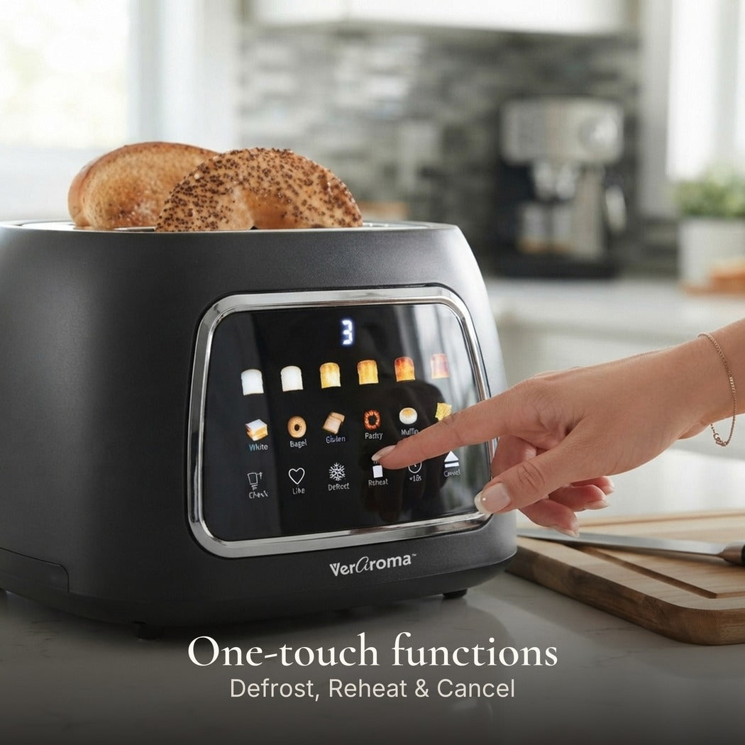 One-touch functions — Smart Motorized Wide-Slot Digital Color Touchscreen Toaster with Memory, 2-Slice, Black