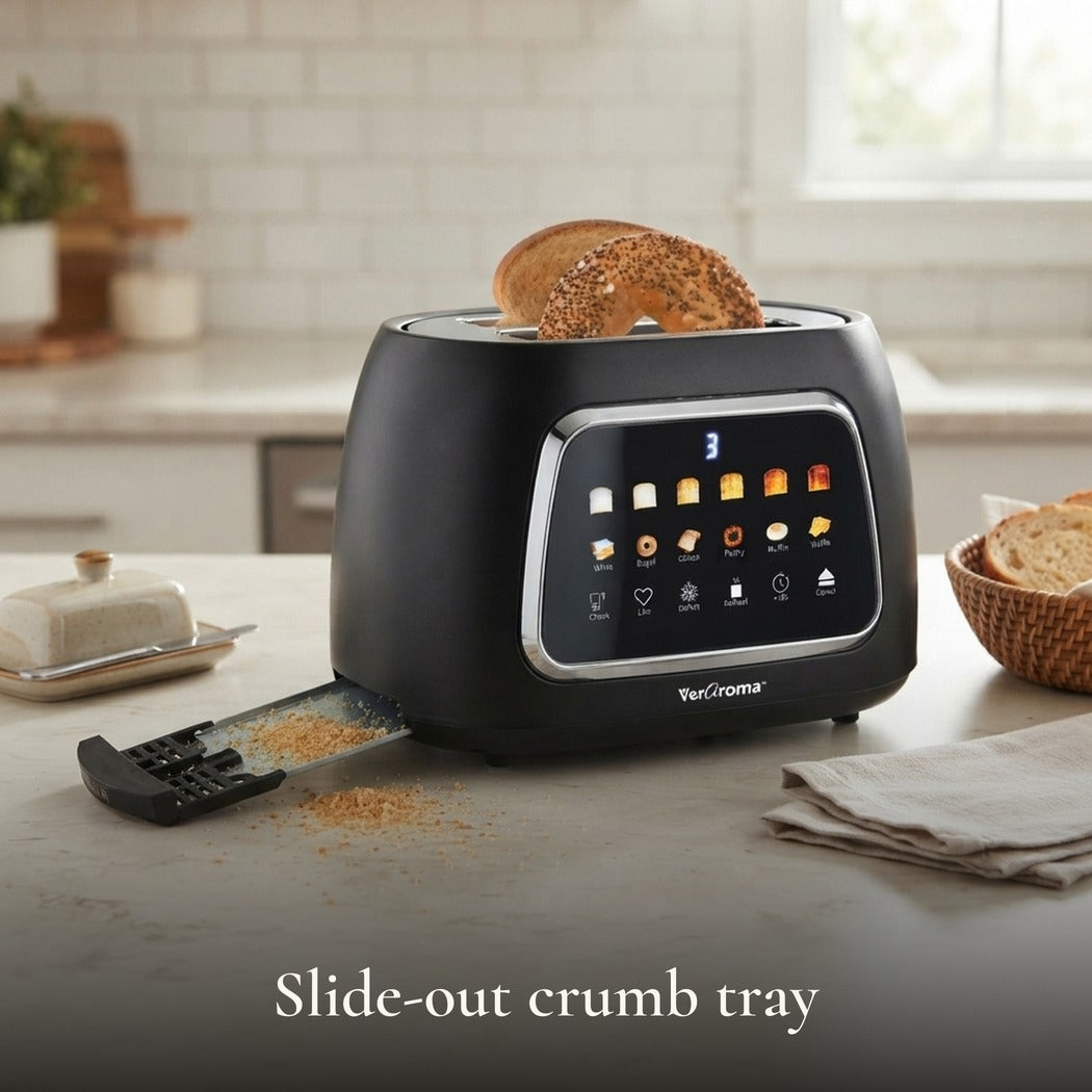 Slide-out crumb tray — Smart Motorized Wide-Slot Digital Color Touchscreen Toaster with Memory, 2-Slice, Black