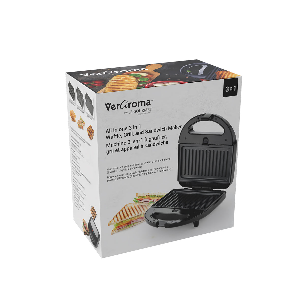 3-in-1 Waffle, Grill & Sandwich Maker with Interchangeable Plates packaging