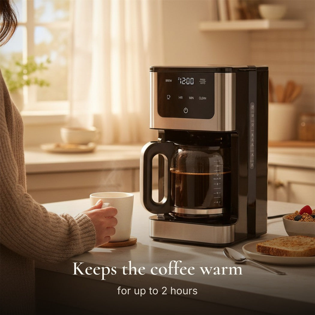 Keeps the coffee warm for up to 2 hours — 14-Cup Programmable Drip Coffee Maker — 2.1 L Glass Carafe, Black