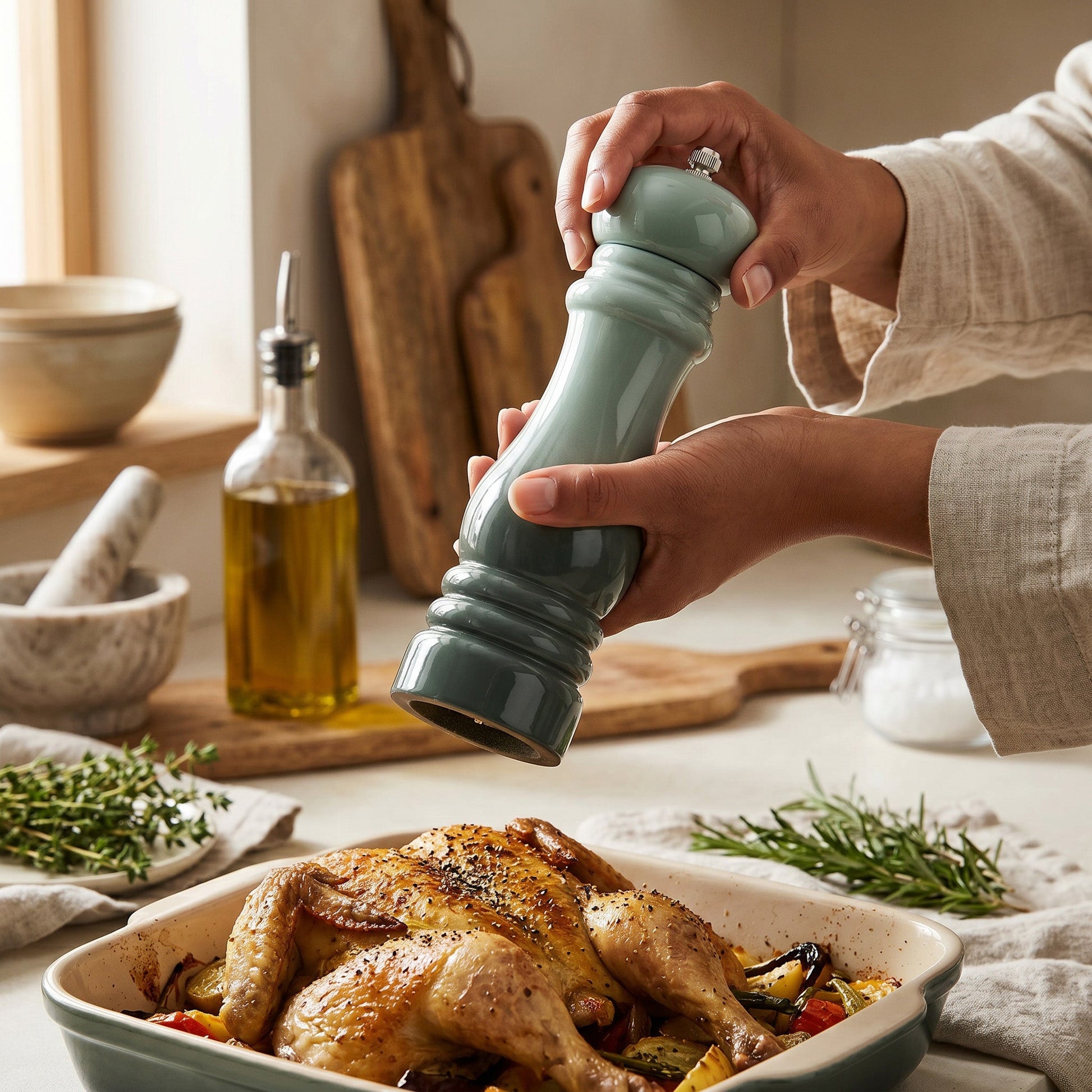 Rubberwood Salt & Pepper Mill Set — Sage, 2-Tone Gloss