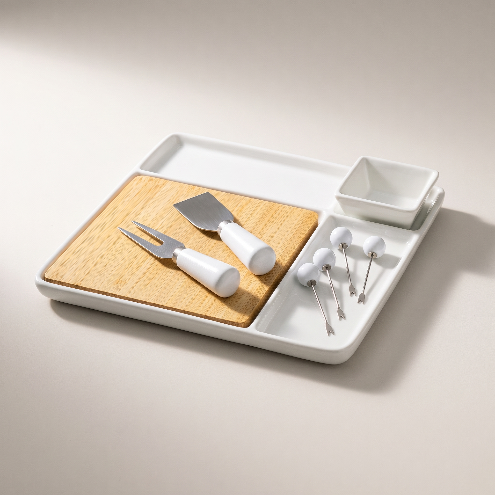 Ensemble de service / plateau à charcuterie en bambou et porcelaine 9 pièces