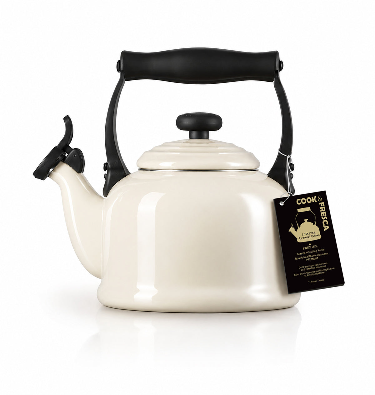 Enameled Carbon Steel Whistling Kettle — White, 2.5 L packaging