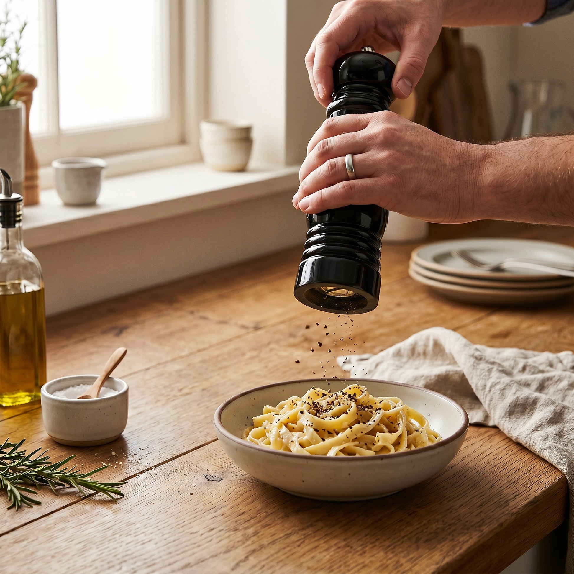 Rubberwood Salt & Pepper Mill Set — Black, Solid Gloss