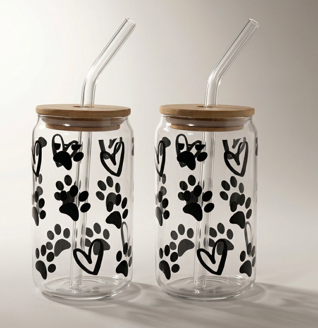 Glass tumbler sippers with bamboo lid and glass straw (set of 2, 450 ml) — Paw Print & Heart decal
