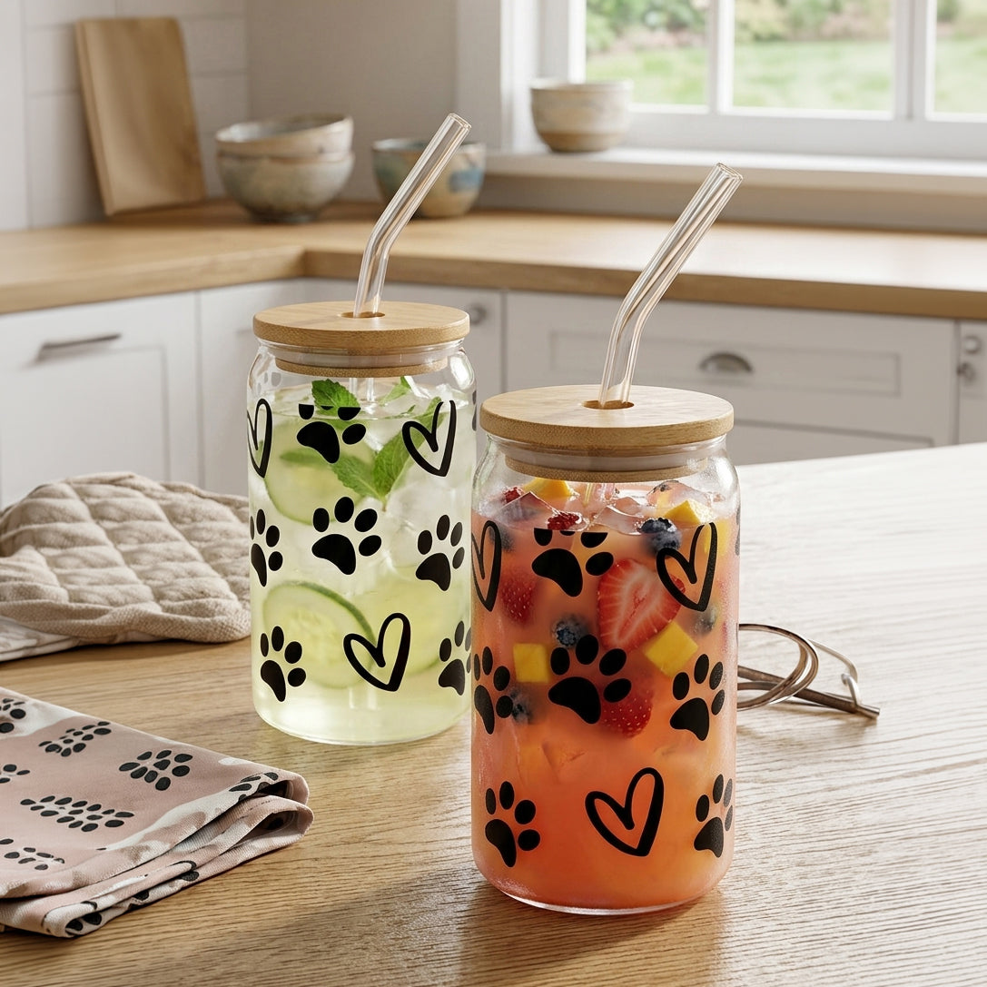 Glass tumbler sippers with bamboo lid and glass straw (set of 2, 450 ml) — Paw Print & Heart decal