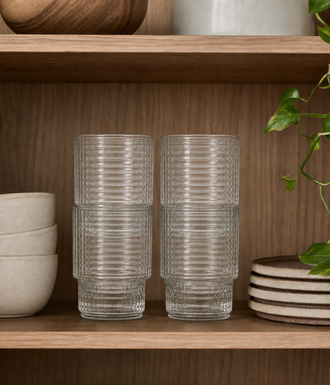 Stackable Ribbed Drinking Glasses, Set of 4 — 325 ml
