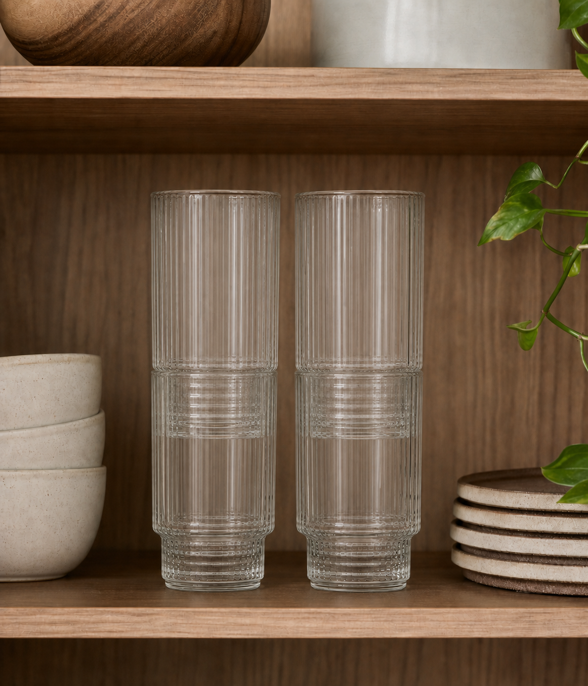 Stackable Ribbed Drinking Glasses, Set of 4 — 450 ml
