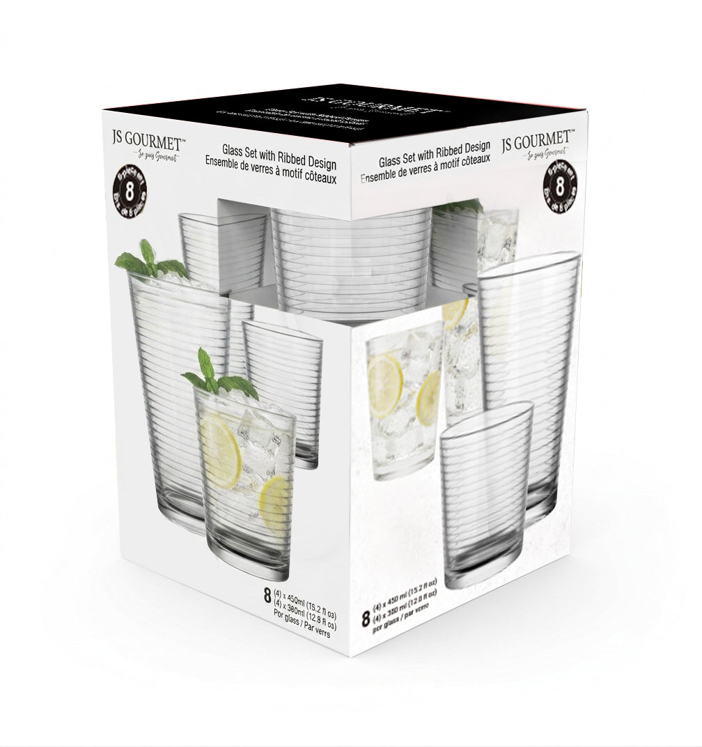 7-99773 retail packaging — Highball 450ml / Tumbler Glasses 380ml - 8pk Ribbe