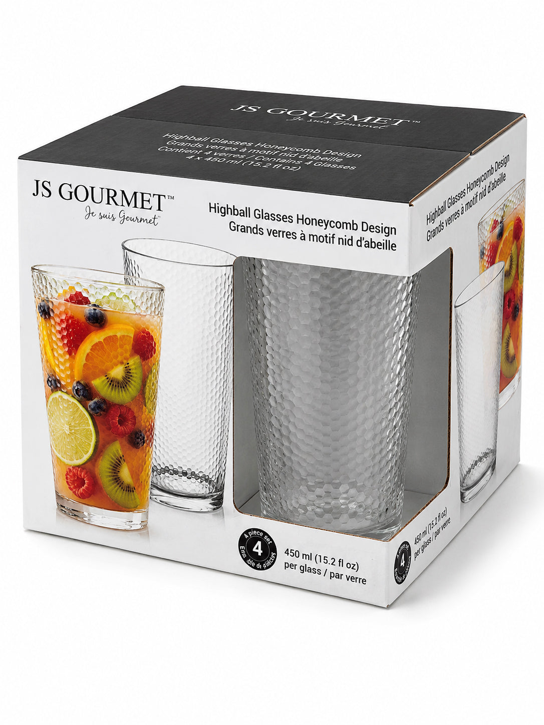 7-99774 retail packaging — Highball Glasses 450ml - 4pk Honeycomb Design
