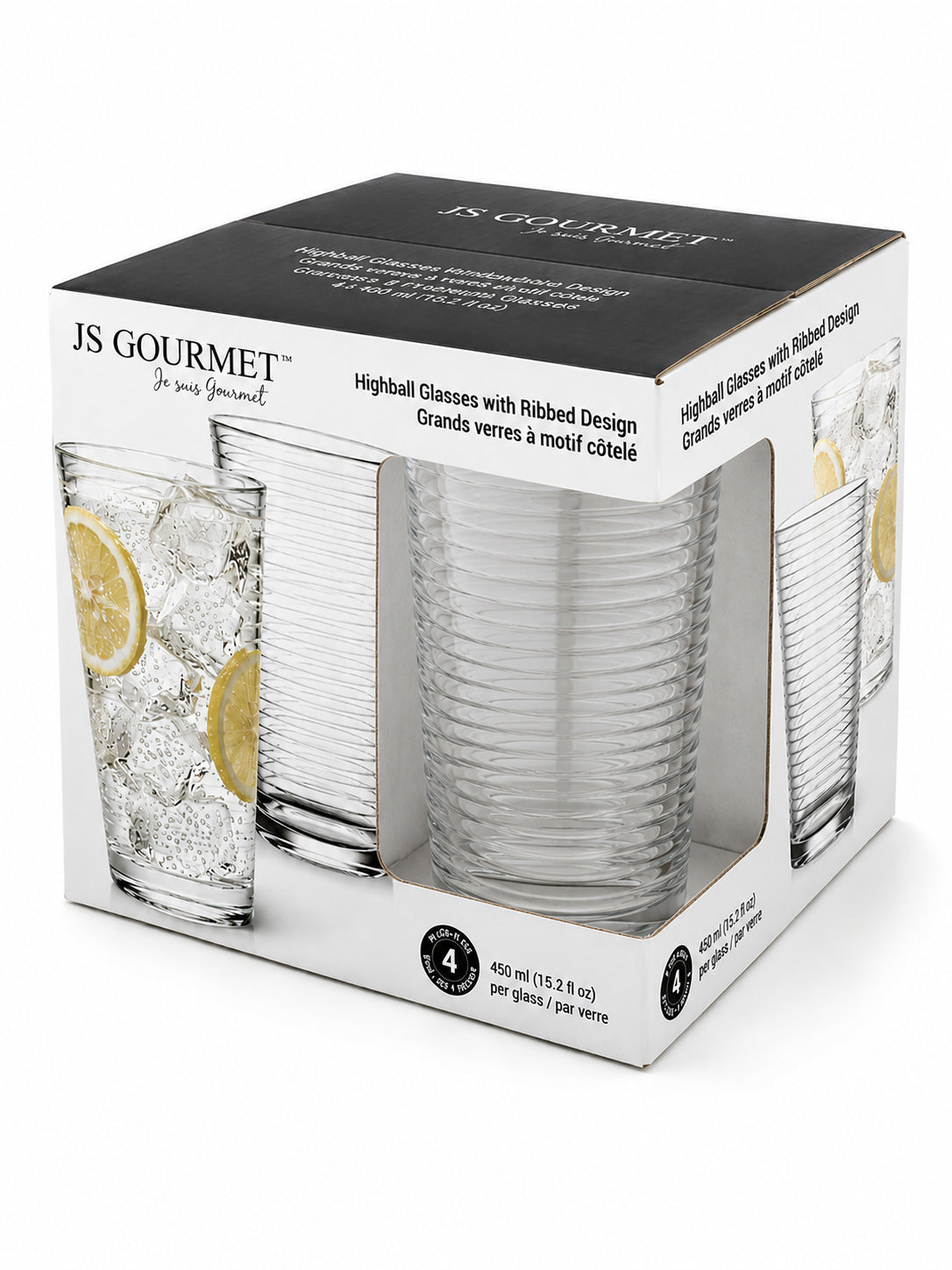 7-99775 retail packaging — Highball Glasses 450ml - 4pk Ribbed Design
