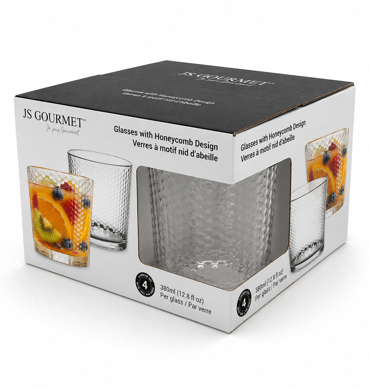 7-99776 retail packaging — Tumbler Glasses 380ml - 4pk Honeycomb Design