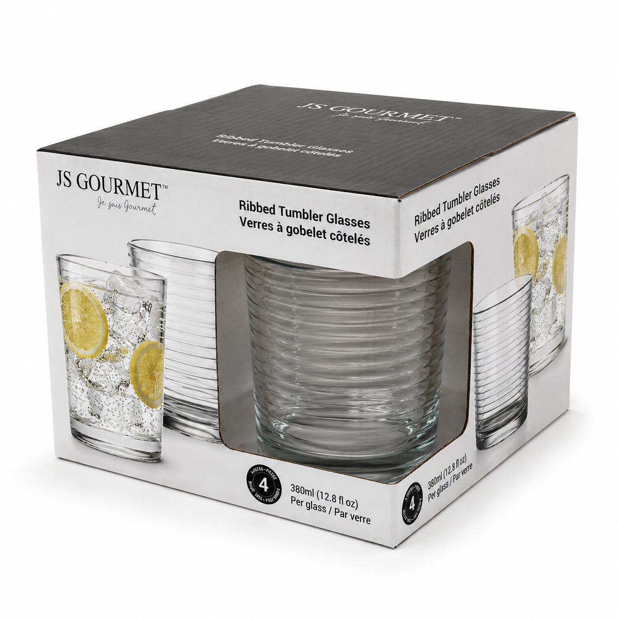 7-99777 retail packaging — Tumbler Glasses 380ml - 4pk Ribbed Design
