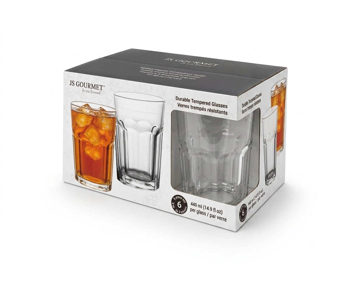 7-99779 retail packaging — Tempered Highball Glasses 440ml - 6pk Faceted Desi