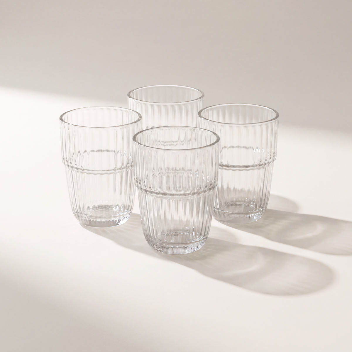 Stackable Vintage Ribbed Borosilicate Drinking Glasses, Set of 4 — 395 ml
