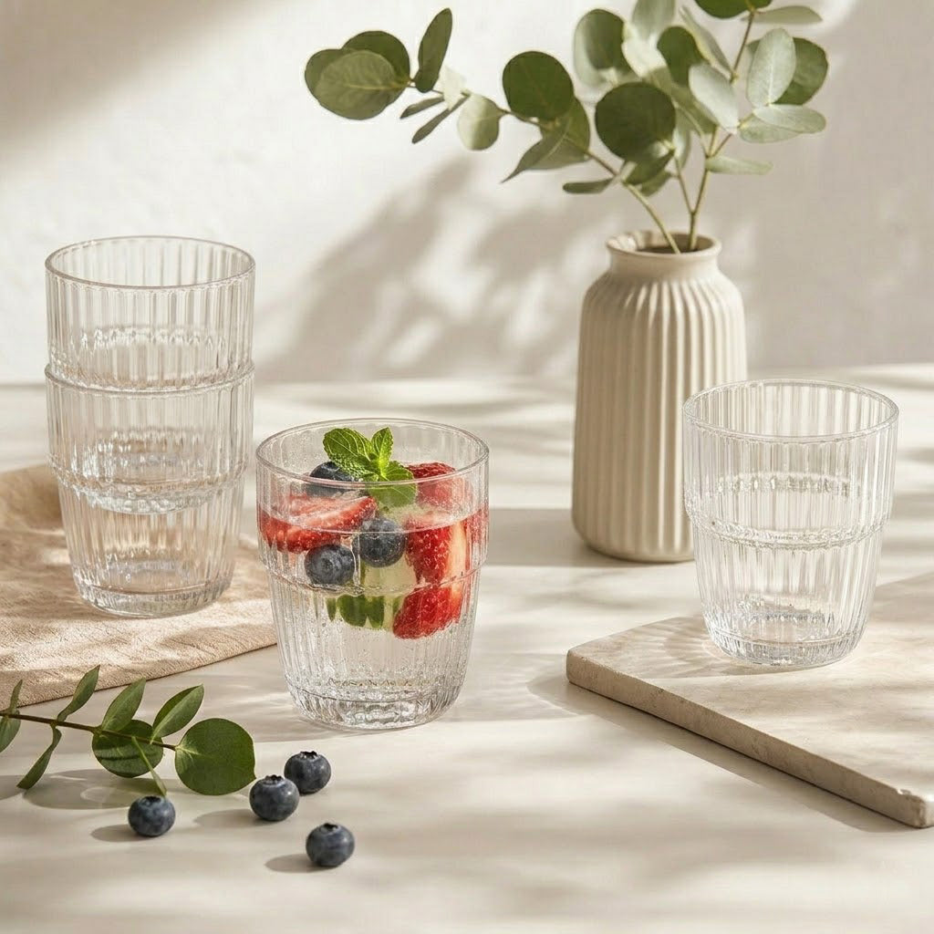 Stackable Vintage Ribbed Borosilicate Drinking Glasses, Set of 4 — 395 ml