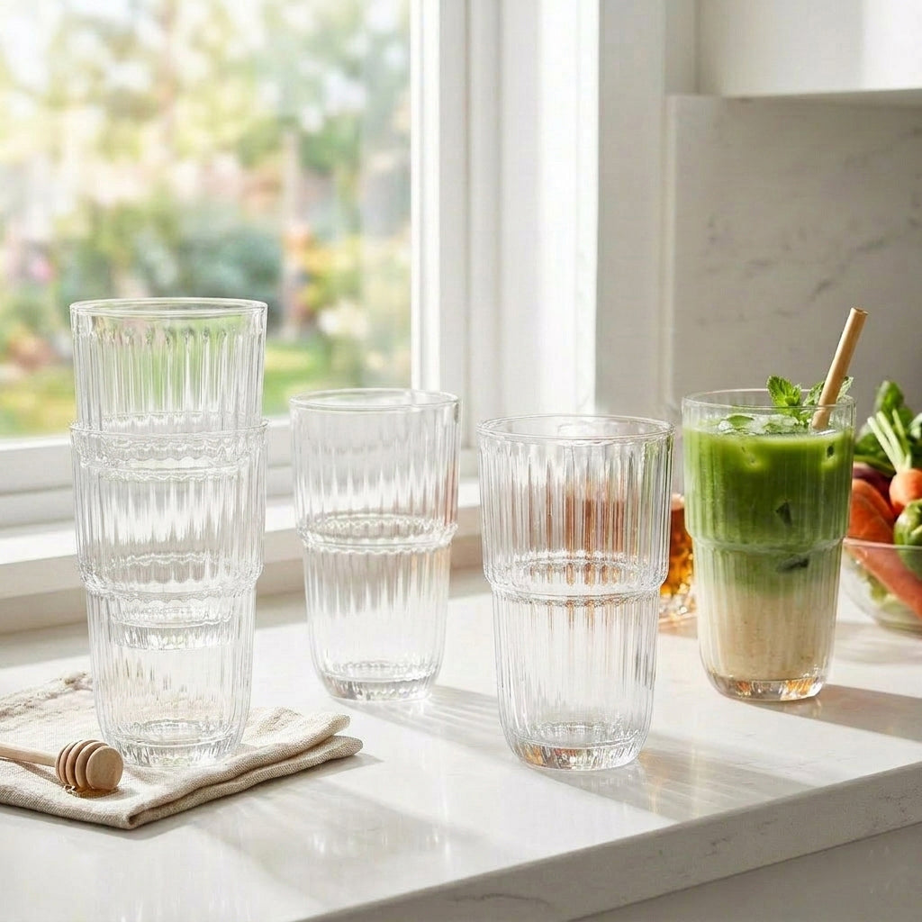 Stackable Vintage Ribbed Borosilicate Drinking Glasses, Set of 4 — 500 ml