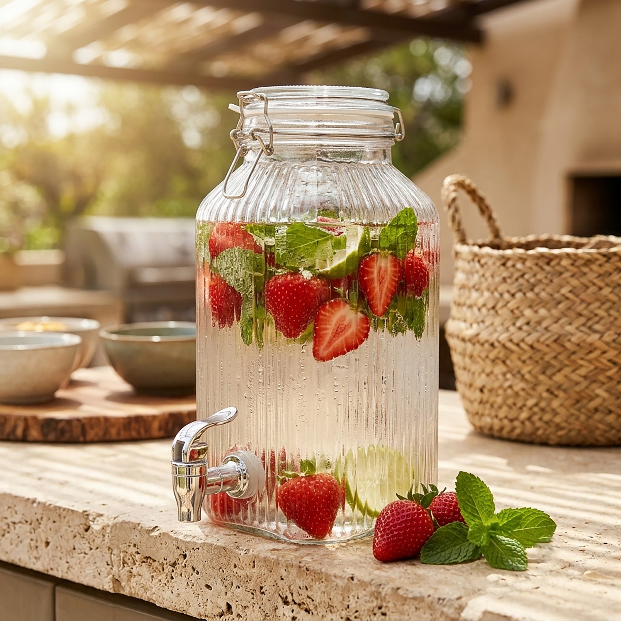 Ribbed Glass Beverage Dispenser with Metal Spigot, 4L