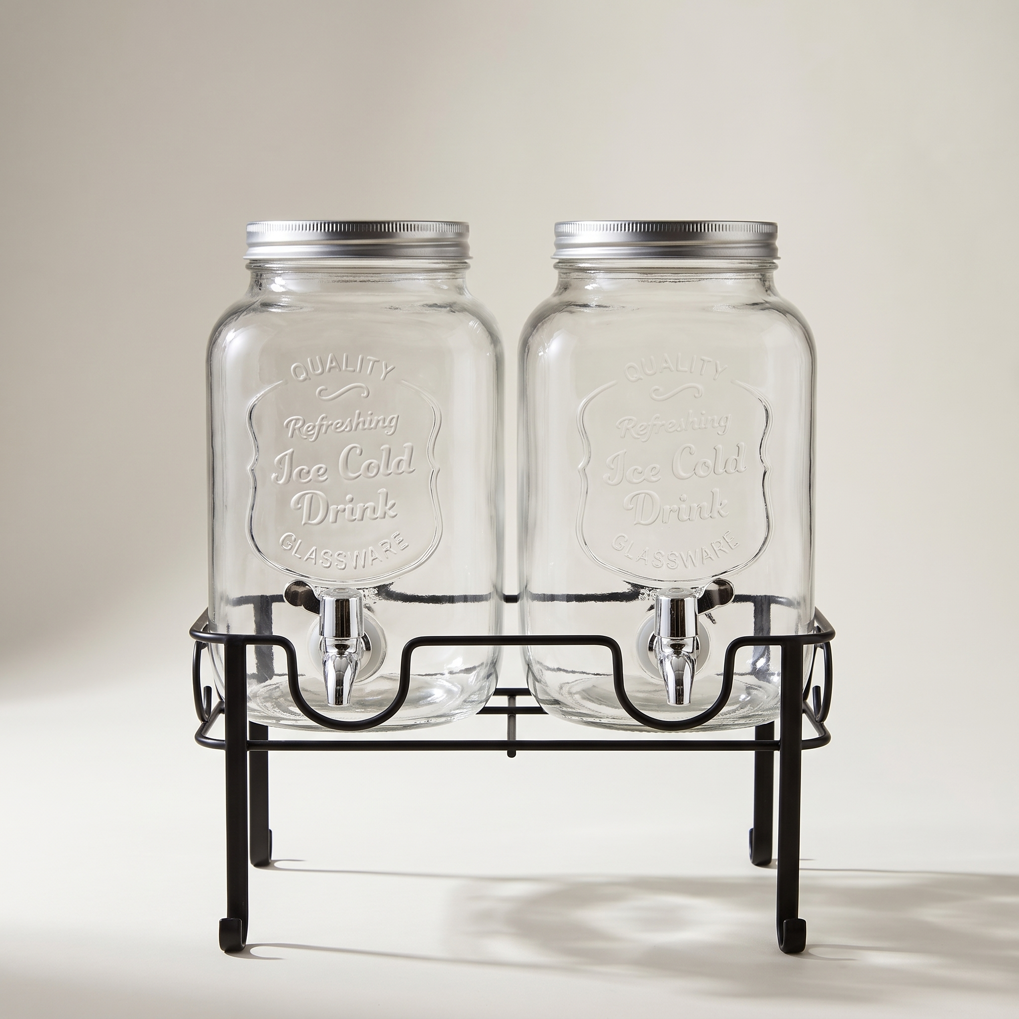 Distributeur de boissons double en verre avec support en métal, 4 L chacun