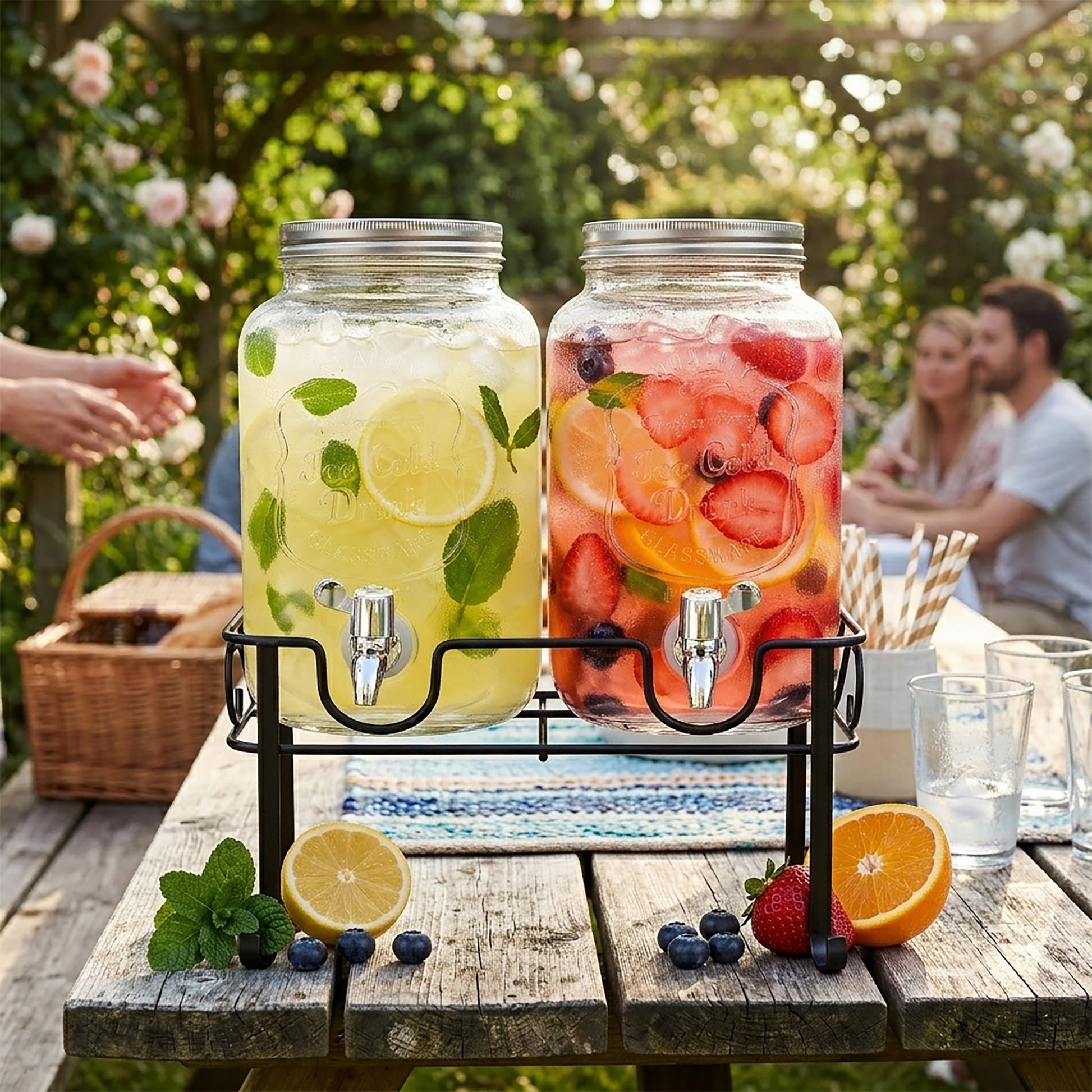 Double Mason Jar Beverage Dispenser Set with Stand, 4L x 2