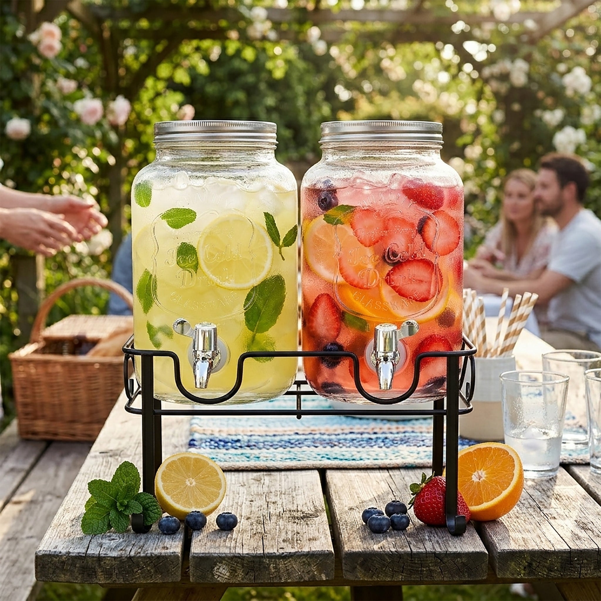 Double Mason Jar Beverage Dispenser Set with Stand, 4L x 2