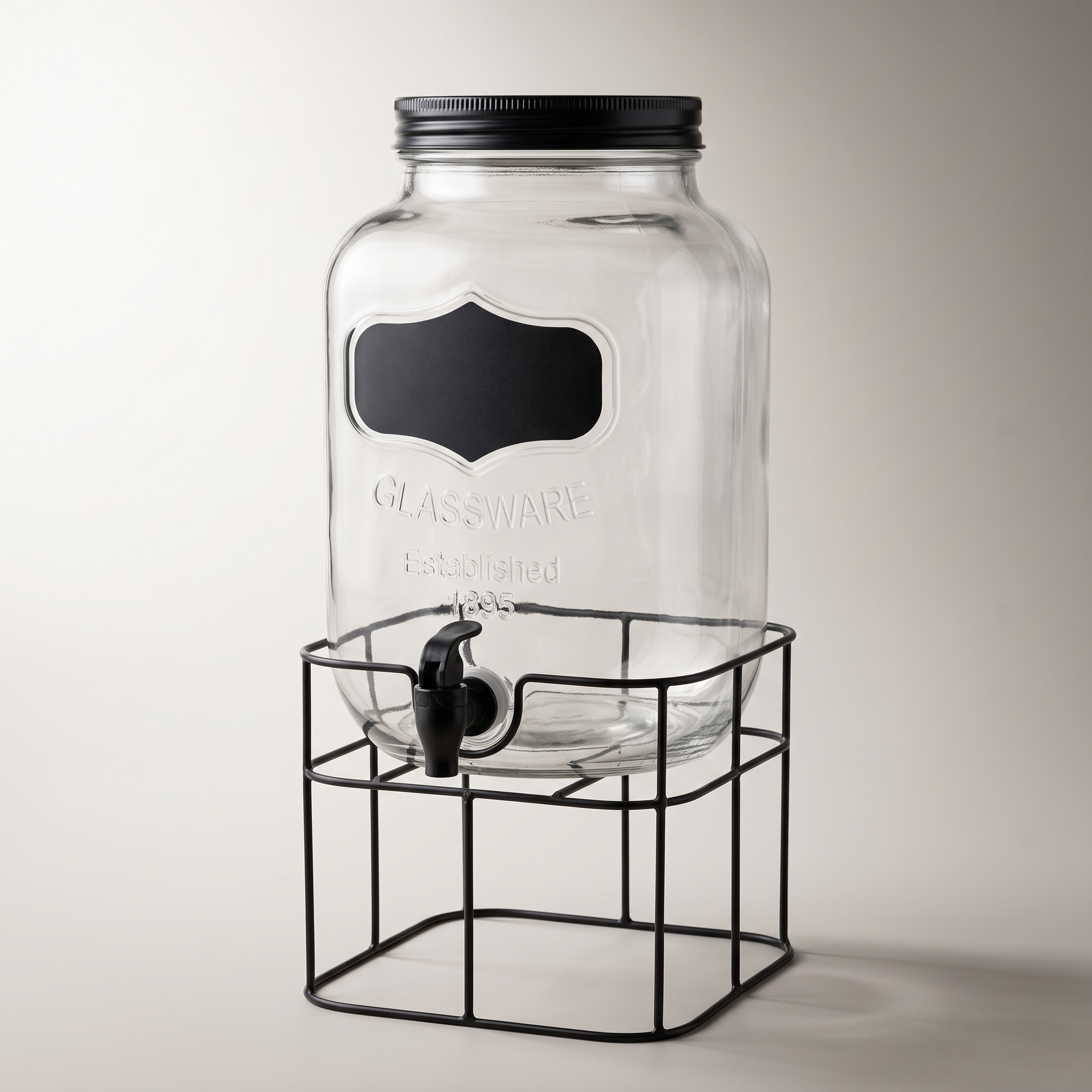 Distributeur de boissons en verre avec étiquette ardoise et support métallique, 4 L