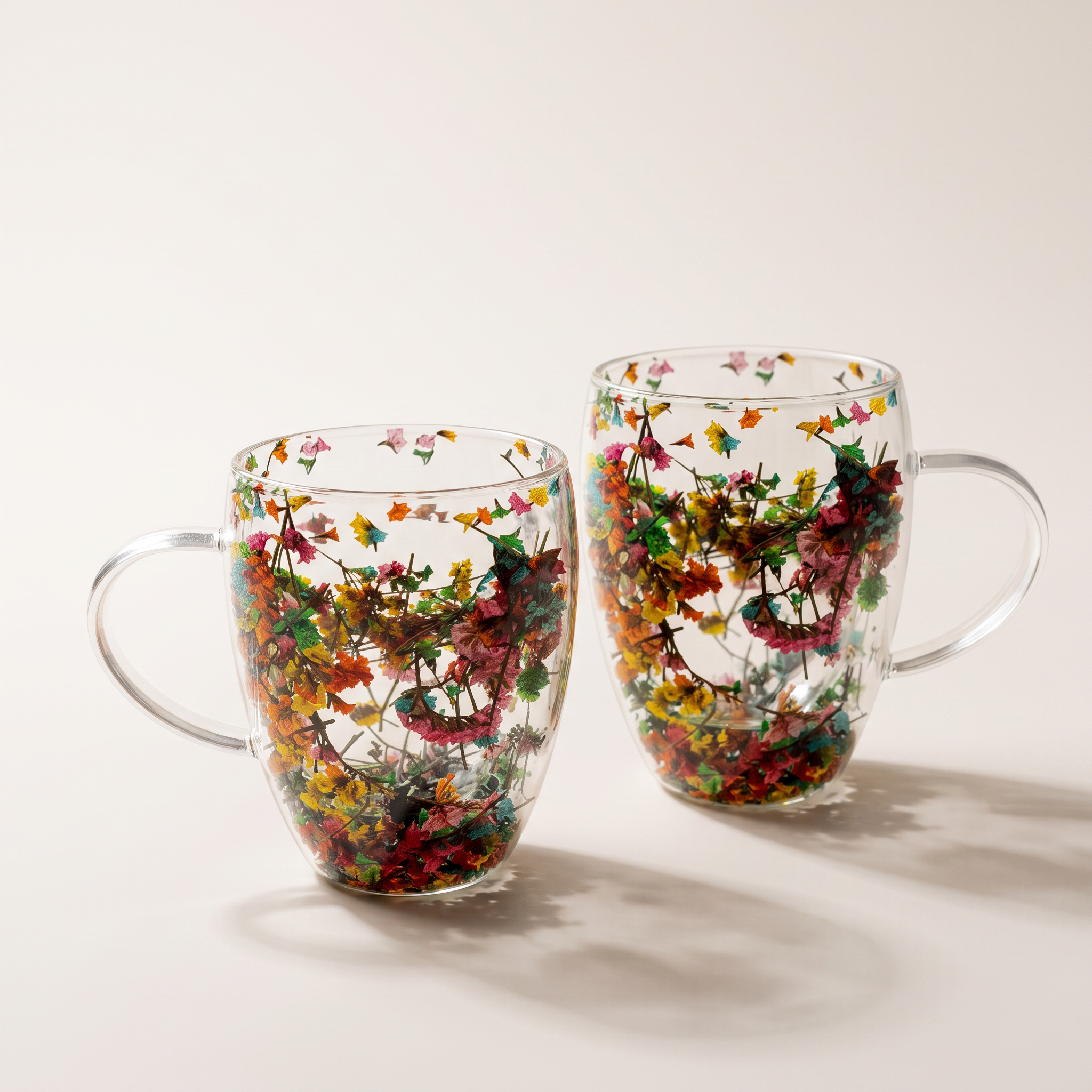 Lot de 2 tasses en verre à double paroi avec fleurs séchées flottantes, 350 ml