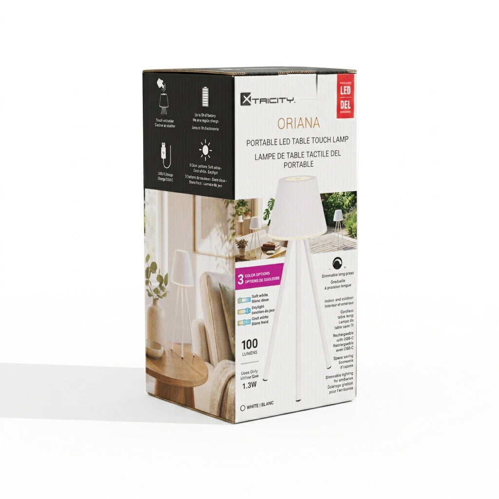 Rechargeable LED Tripod Table Lamp "Oriana" — White, 28 cm packaging