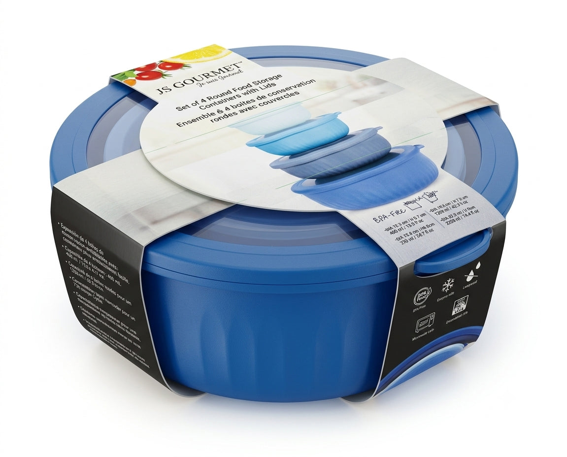 Set of 4 Round Nested Food Storage Containers with Lids packaging
