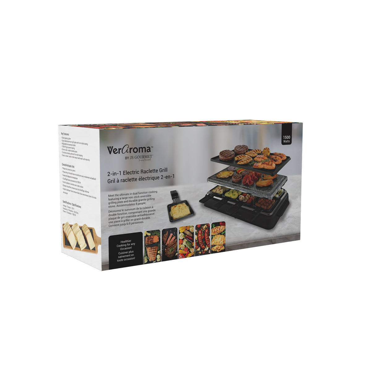 2-in-1 Electric Raclette Grill with Stone & Reversible Plate (8 Pans) packaging