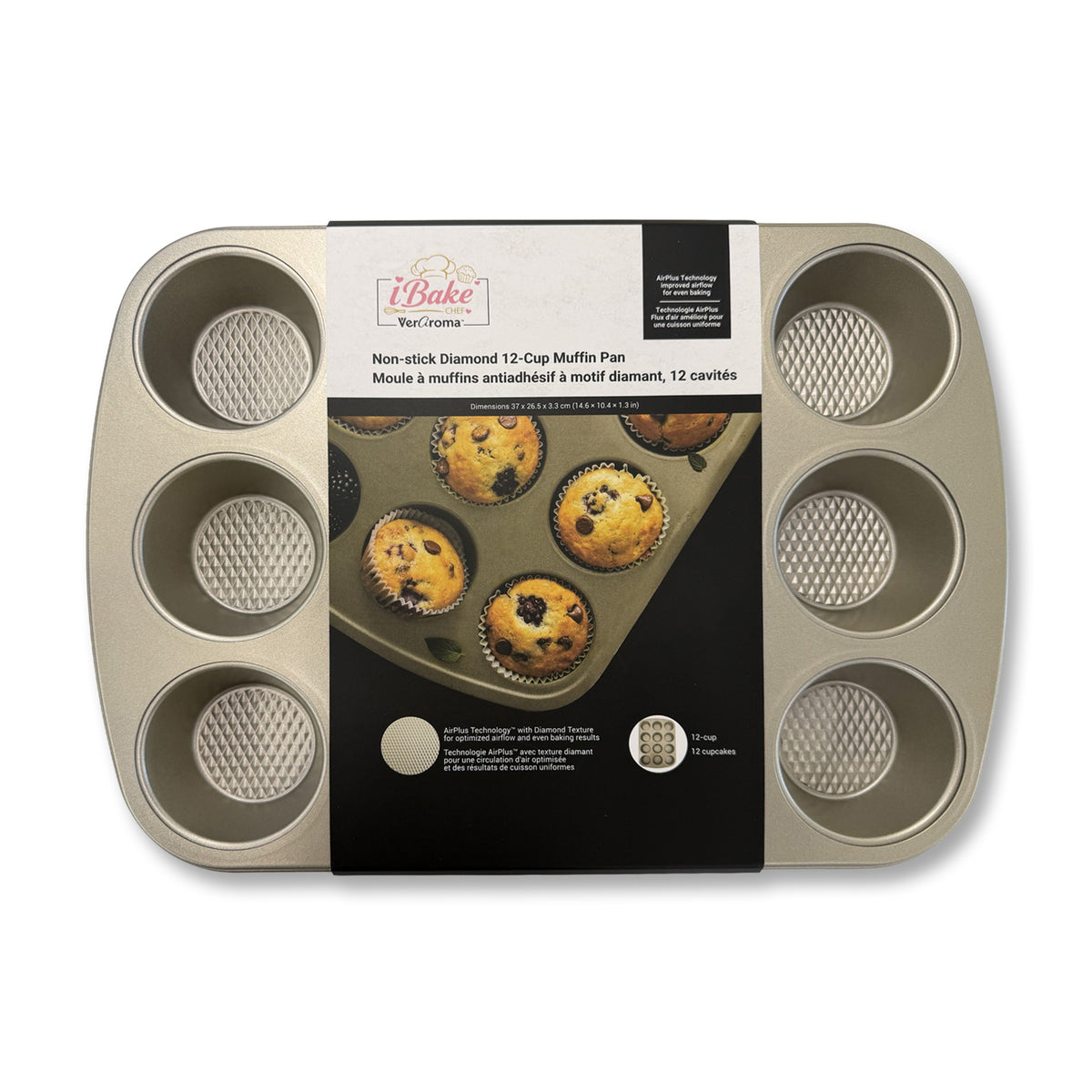 iBake Non-Stick Diamond 12-Cup Muffin Pan — Champagne Gold packaging