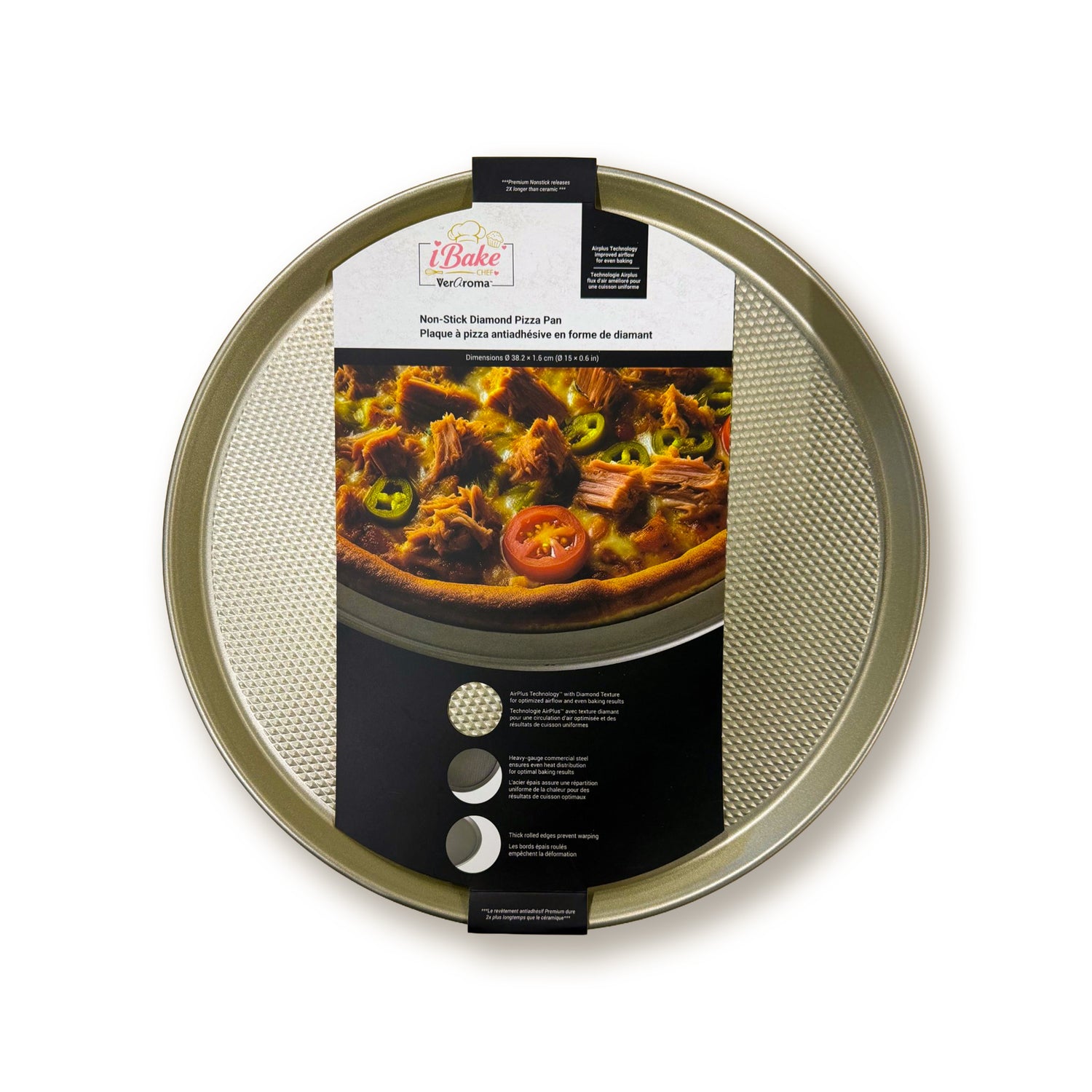 7-99900 retail packaging — iBake Non-Stick Diamond Carbon Steel Pizza Pan — Champagne G