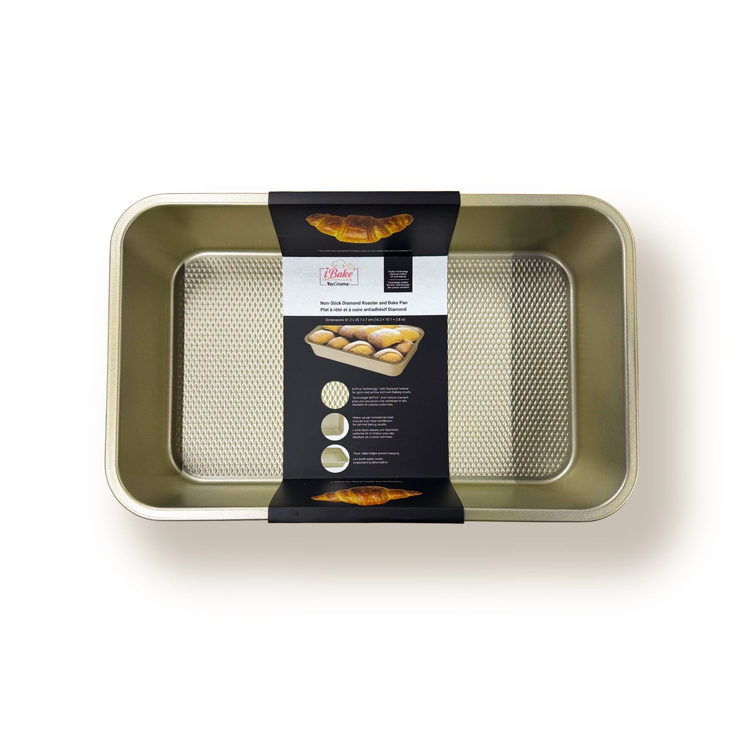 7-99901 retail packaging — iBake Non-Stick Diamond Roaster and Bake Pan — Champagne Gol