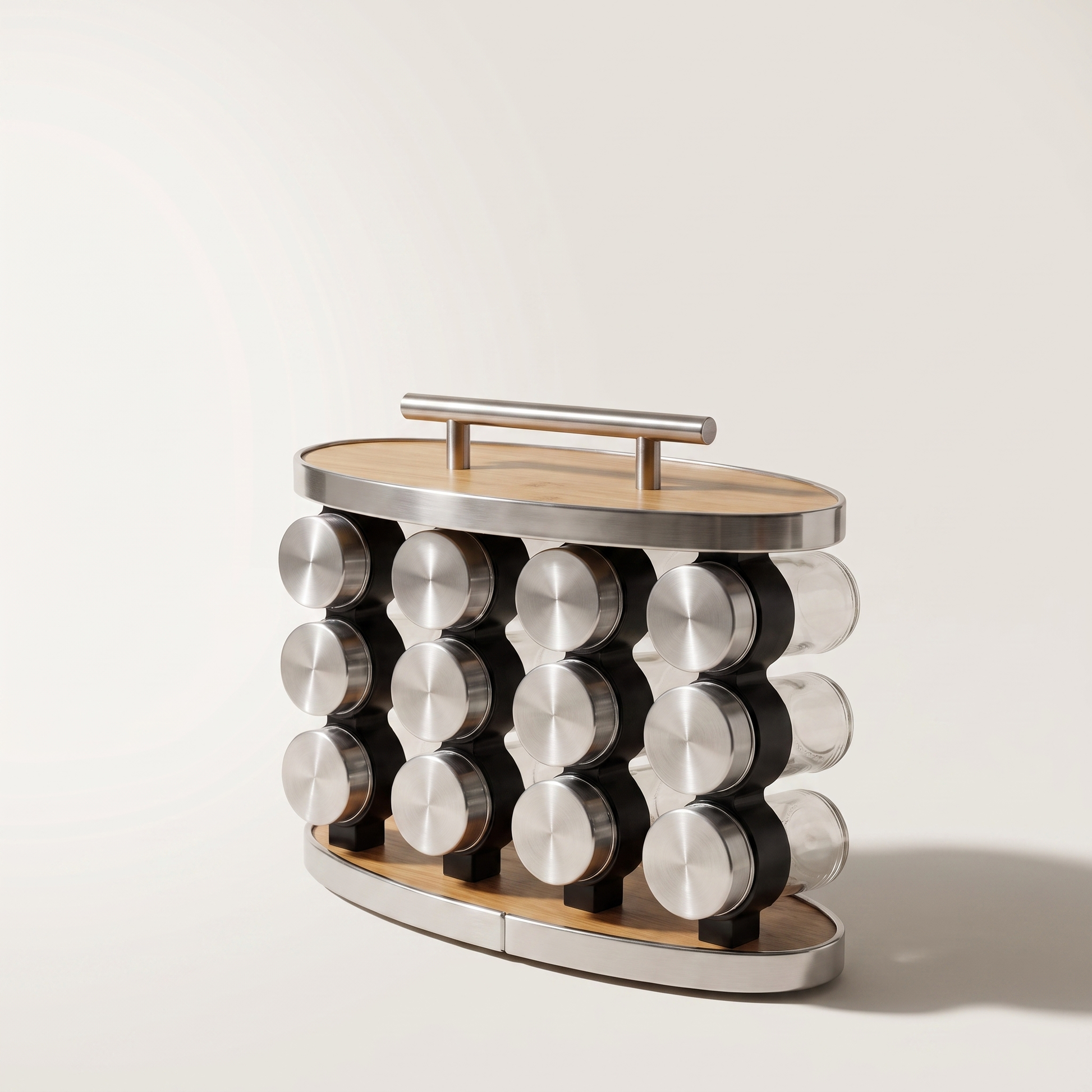 Stainless Steel & Bamboo Spice Rack with 12 Glass Jars — 80 ml each