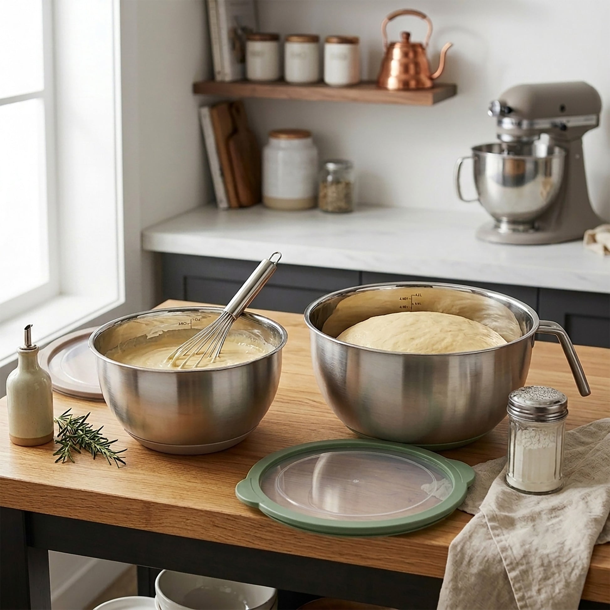 Set of 2 Stackable Stainless Steel Mixing Bowls with Airtight Lids and Handles