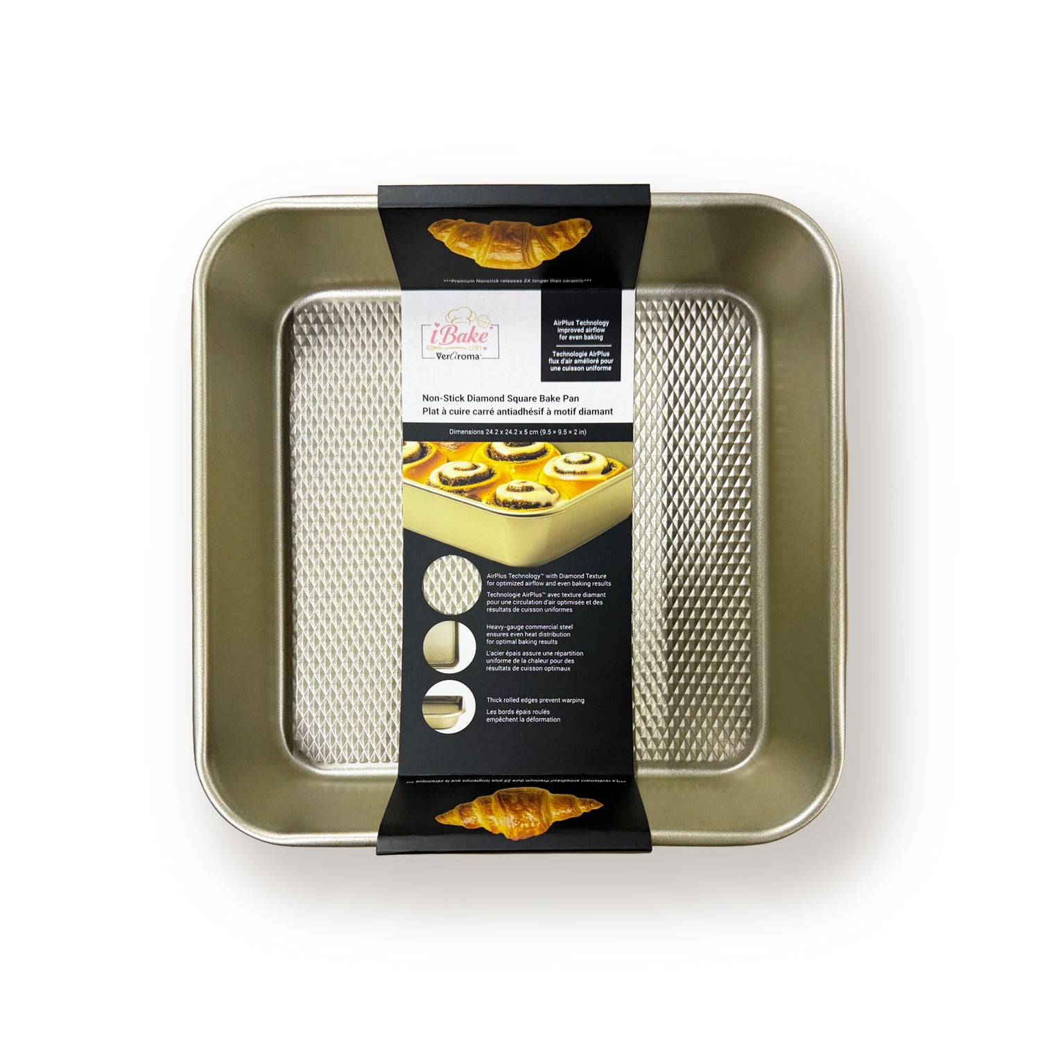 7-99913 retail packaging — iBake Non-Stick Diamond Square Cake Pan — Champagne Gold