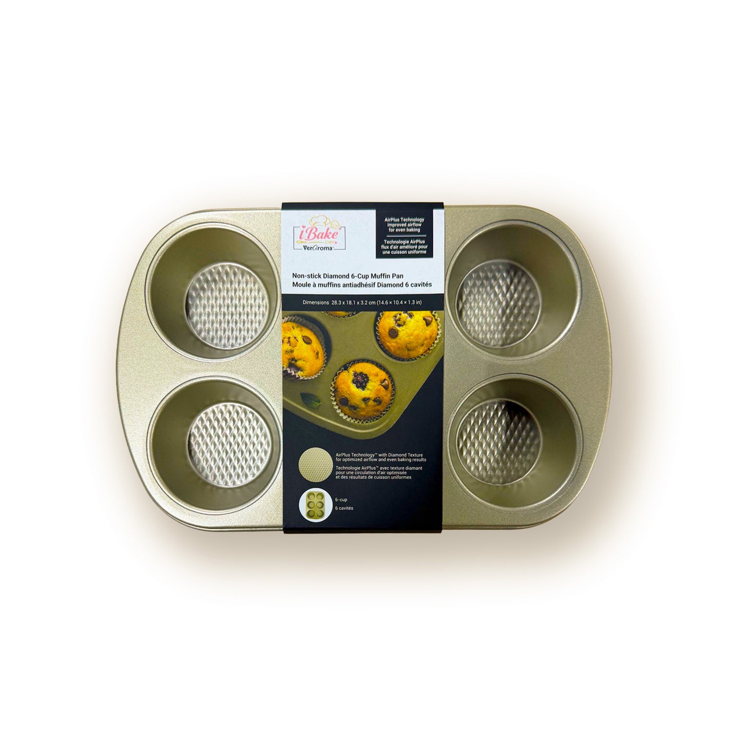 7-99916 retail packaging — iBake Non-Stick Diamond 6-Cup Muffin Pan — Champagne Gold