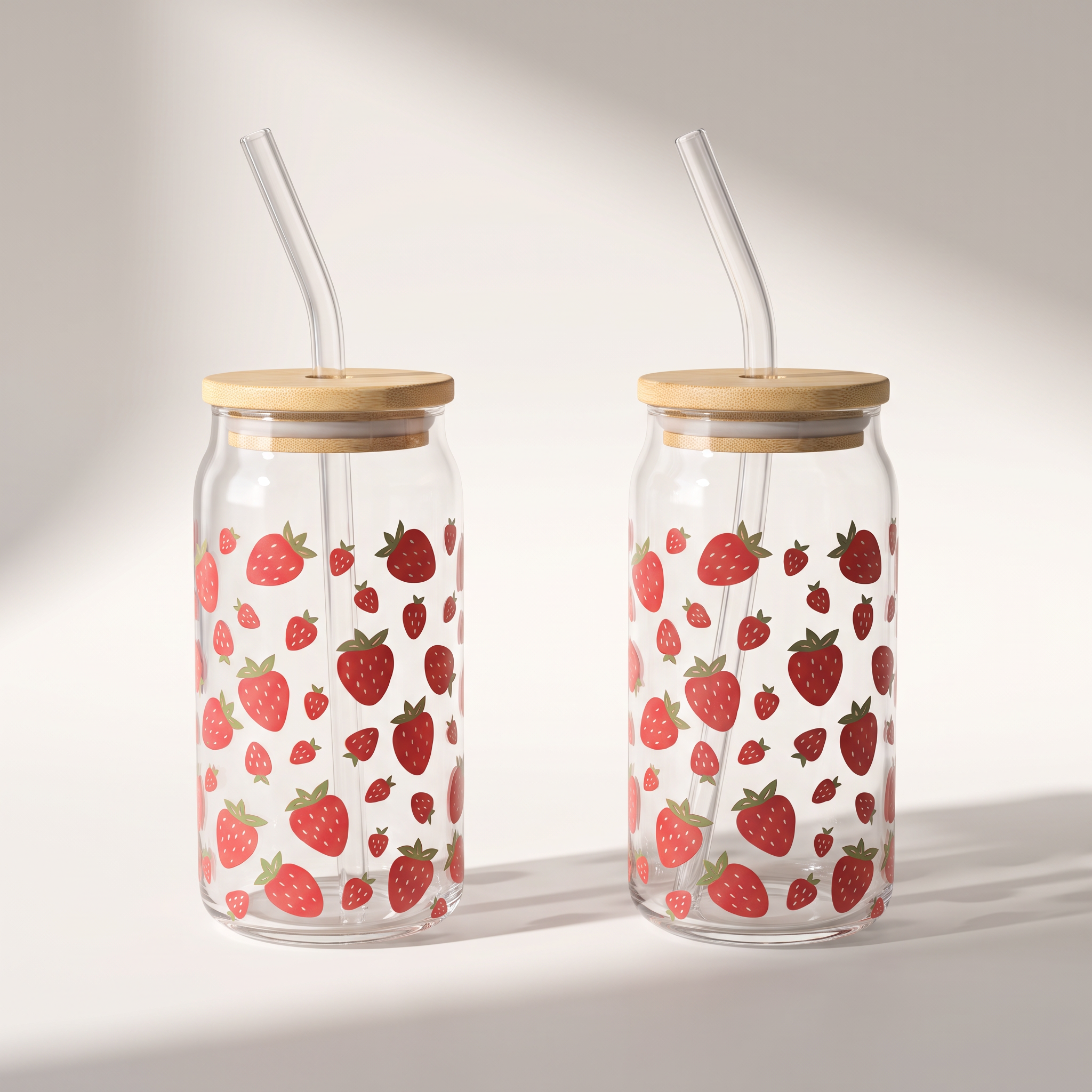 Gobelets en Verre Sipper à Décalque Fraise avec Paille en Verre et Couvercle en Bambou (Lot de 2)