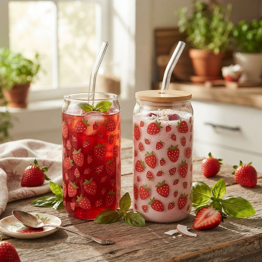Strawberry Decal Glass Sipper Cups with Glass Straw & Bamboo Lid (Set of 2)
