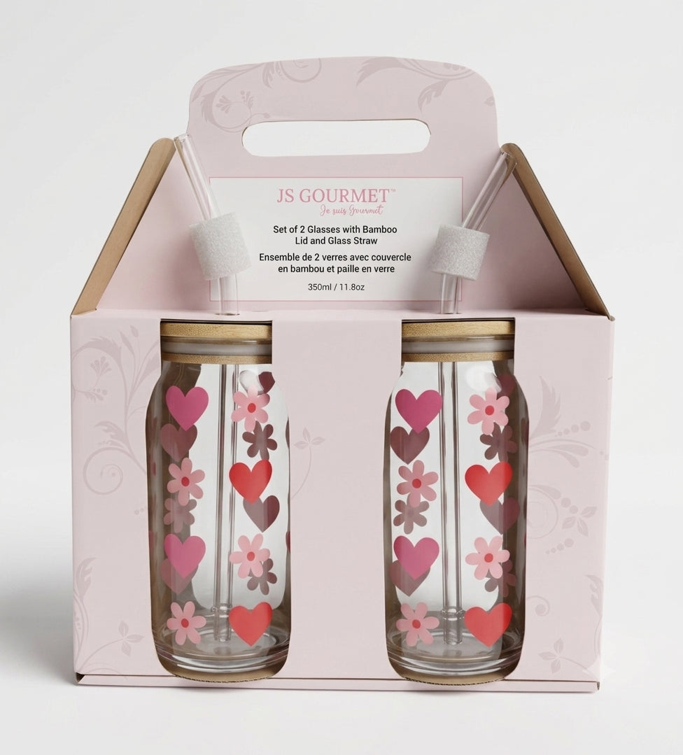 Hearts & Daisy Decal Glass Sipper Cups with Glass Straw & Bamboo Lid (Set of 2) packaging