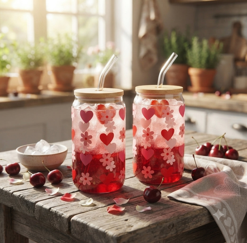 Heart Decal Glass Sipper Cups with Glass Straw & Bamboo Lid (Set of 2)